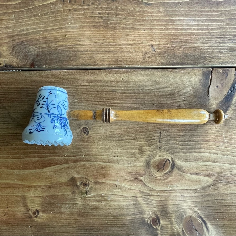 Vintage Blue and White Hand Painted Ceramic Meat Tenderizer with Wooden Handle